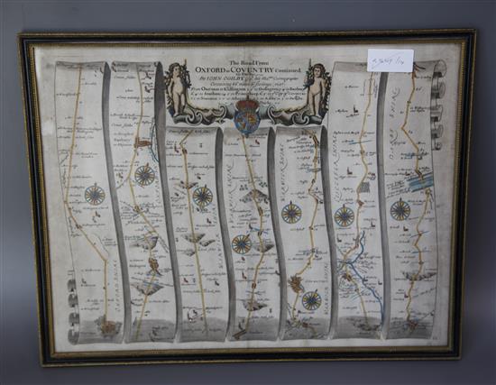 John Ogilby - A coloured engrave map - The Road from Oxford to Coventry Continued to Darby, 36 x 47cm